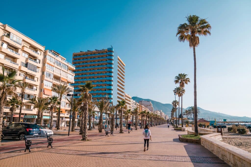 Coastal promenade in Costa del Sol resort town of Fuengirola, Andalusia in Spain on sunny morning.